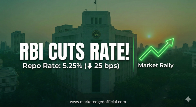 An infographic with a green-tinted photograph of the Reserve Bank of India (RBI) building in Mumbai at twilight. Large, bold white text at the center reads "RBI CUTS RATE!". Below it, in smaller white text, is "Repo Rate: 5.25% (⬇ 25 bps)". To the right, there is a glowing green upward arrow graph next to the text "Market Rally". At the bottom center, the website URL "www.marketedgedofficial.com" is displayed